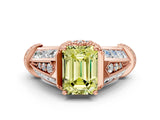 Rose gold Vintage Milgrain Fancy Yellow Emerald Cut Diamond Split Shank Ring with Prong Setting