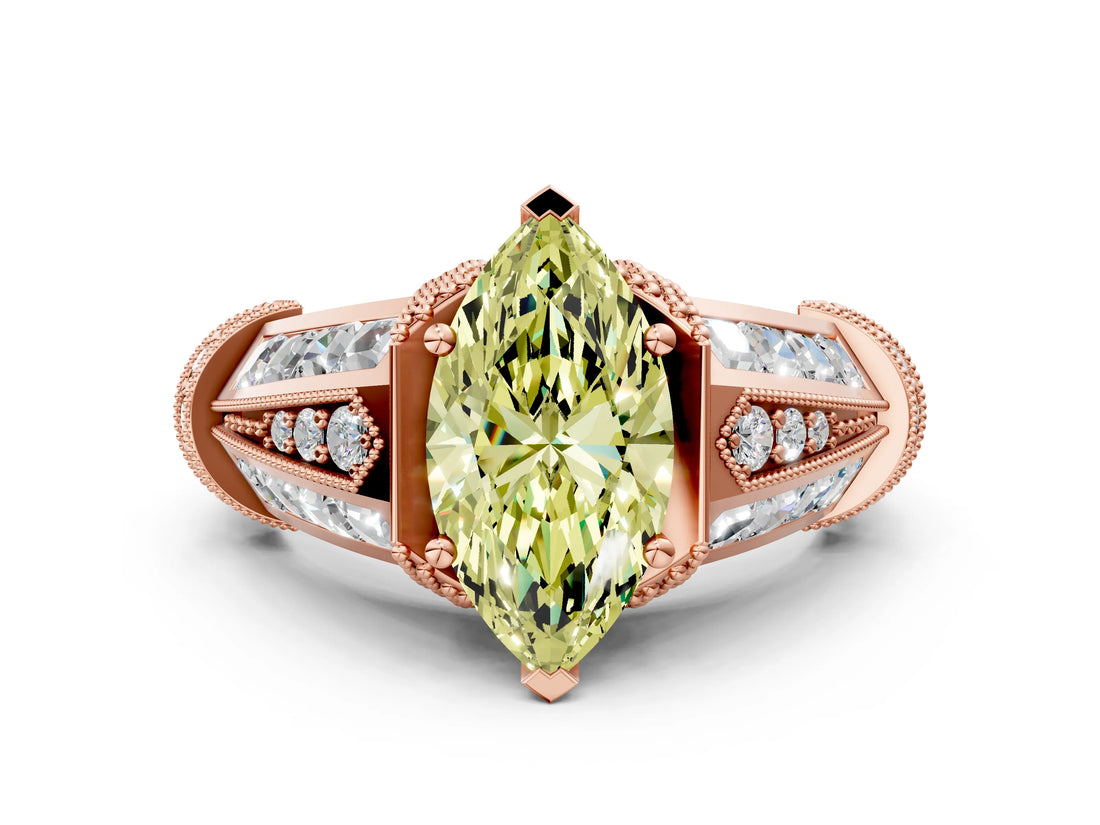 Rose gold Vintage Milgrain Fancy Yellow Marquise Cut Diamond Split Shank Ring with Prong Setting