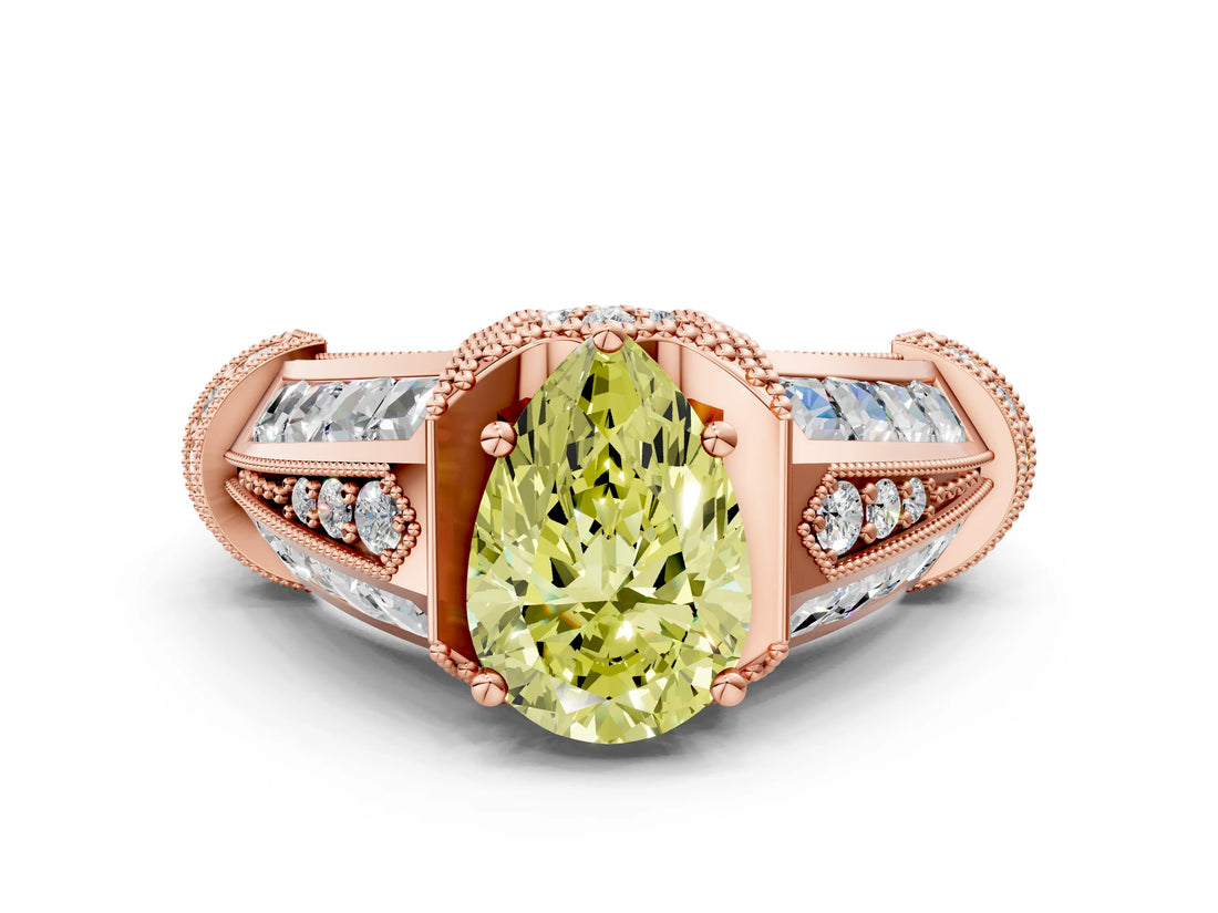 Rose gold Vintage Milgrain Fancy Yellow Pear Cut Diamond Split Shank Ring with Prong Setting