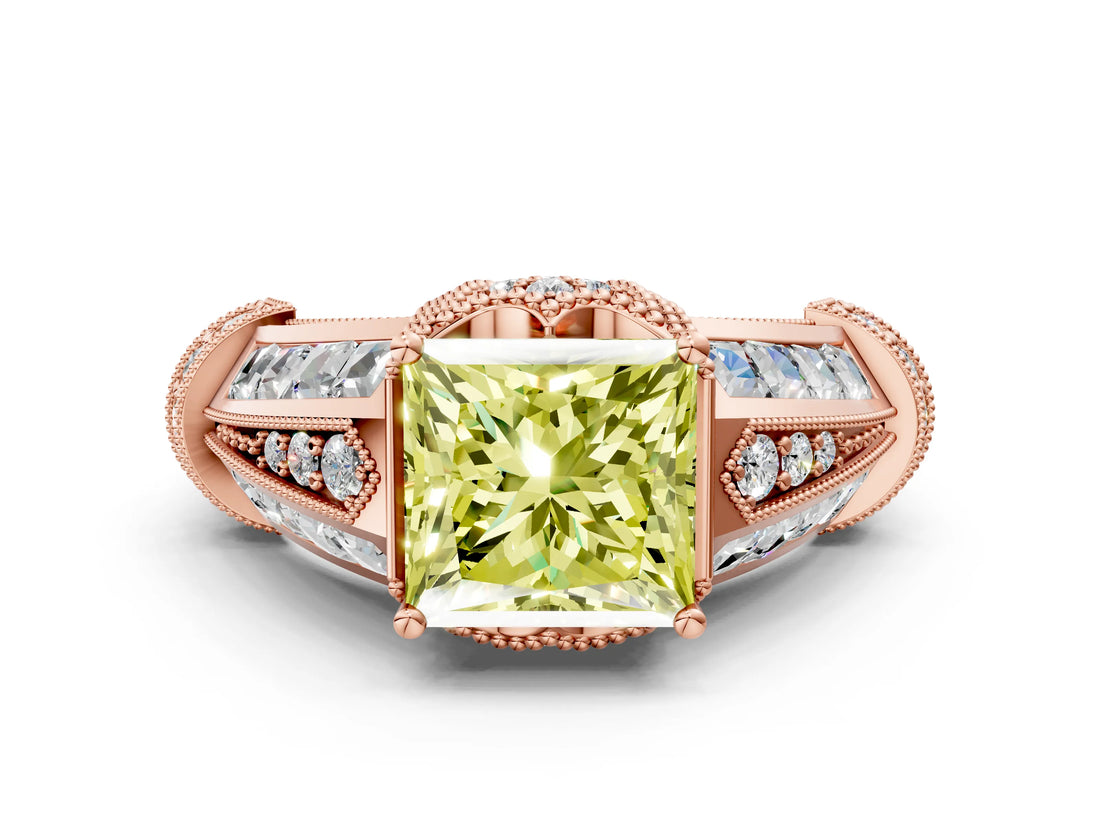 Rose gold Vintage Milgrain Fancy Yellow Princess Cut Diamond Split Shank Ring with Prong Setting