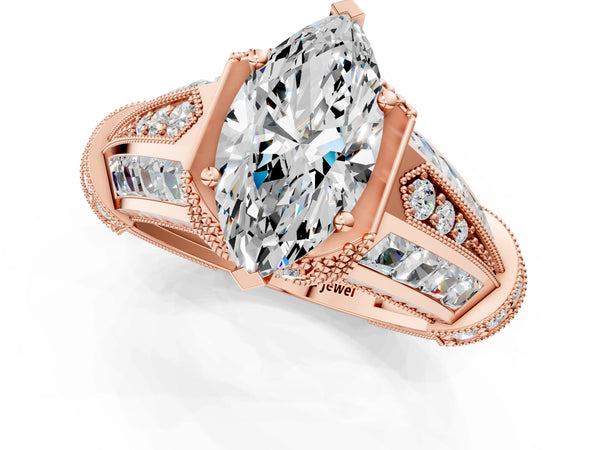 Rose gold Vintage Milgrain Marquise Cut Diamond Split Shank Ring with Prong Setting