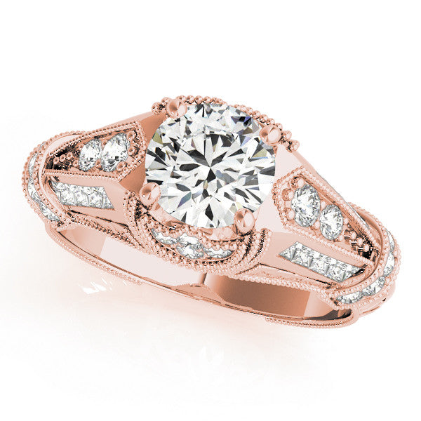 Rose gold Vintage Milgrain Round Diamond Split Shank Ring with Prong Setting