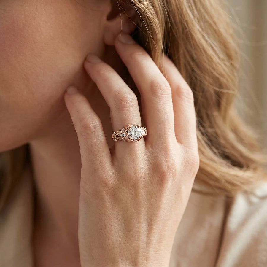 Rose gold Vintage Milgrain Round Diamond Split Shank Ring with Prong Setting