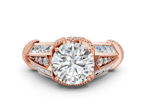 Rose gold Vintage Milgrain Round Diamond Split Shank Ring with Prong Setting