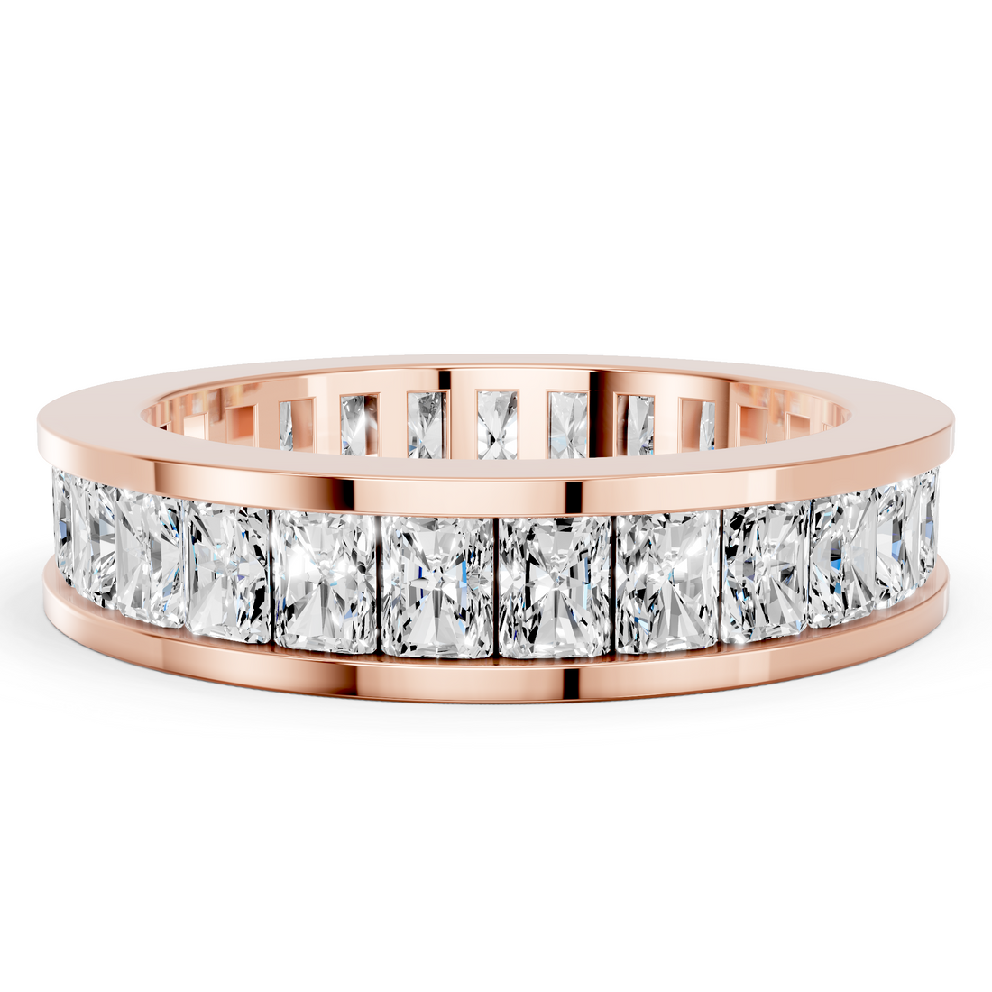 Rose gold radiant cut diamond eternity band with channel set