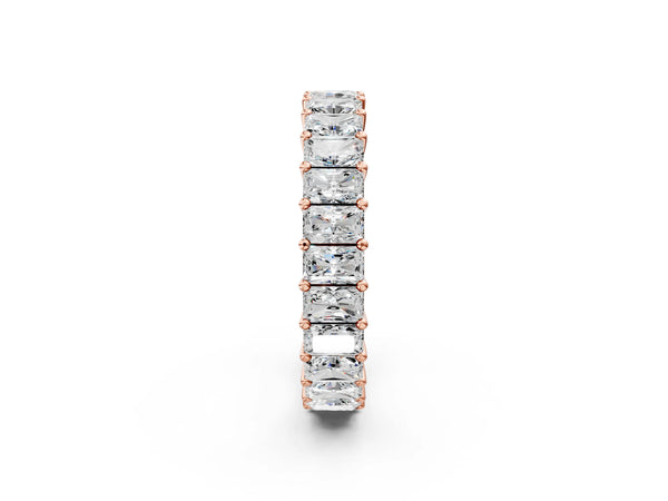 Rose gold radiant cut diamond eternity band with shared prong setting