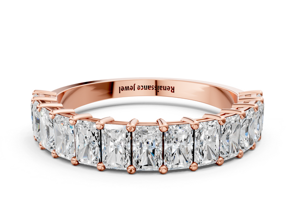 Rose gold radiant cut diamond half eternity band with shared prong setting