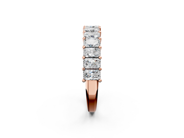 Rose gold radiant cut diamond half eternity band with shared prong setting