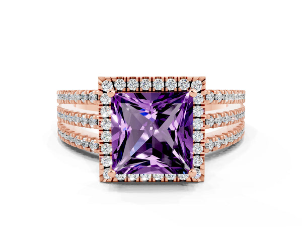 Rose gold Princess Cut Amethyst Halo Engagement Ring with Split Shank and Four-Prong Setting