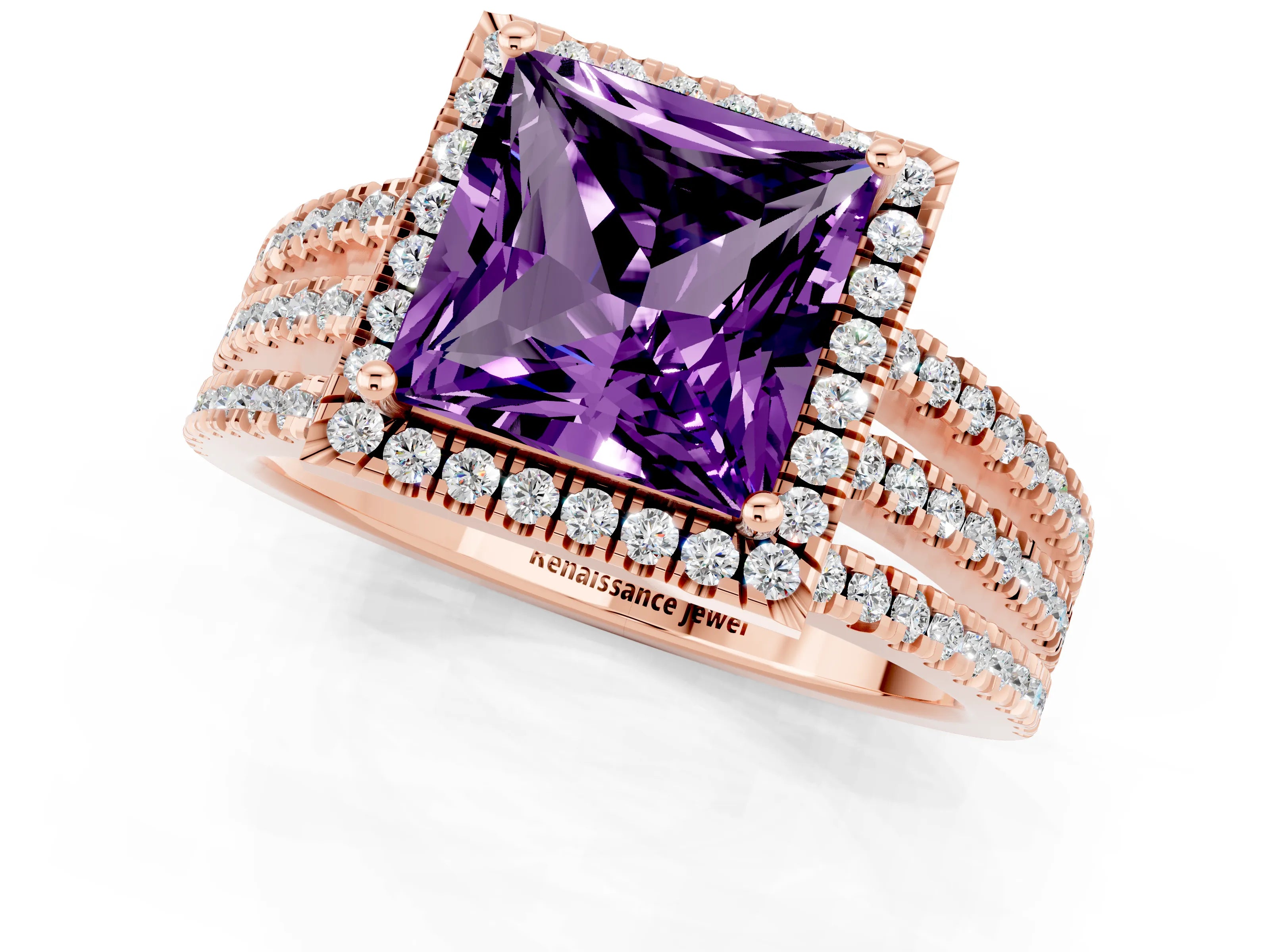 Rose gold {shape_name} Amethyst Halo Engagement Ring with Split Shank and Four-Prong Setting_1