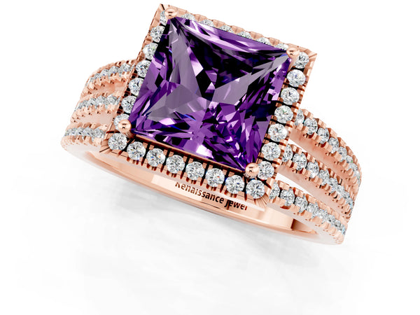 Rose gold Princess Cut Amethyst Halo Engagement Ring with Split Shank and Four-Prong Setting
