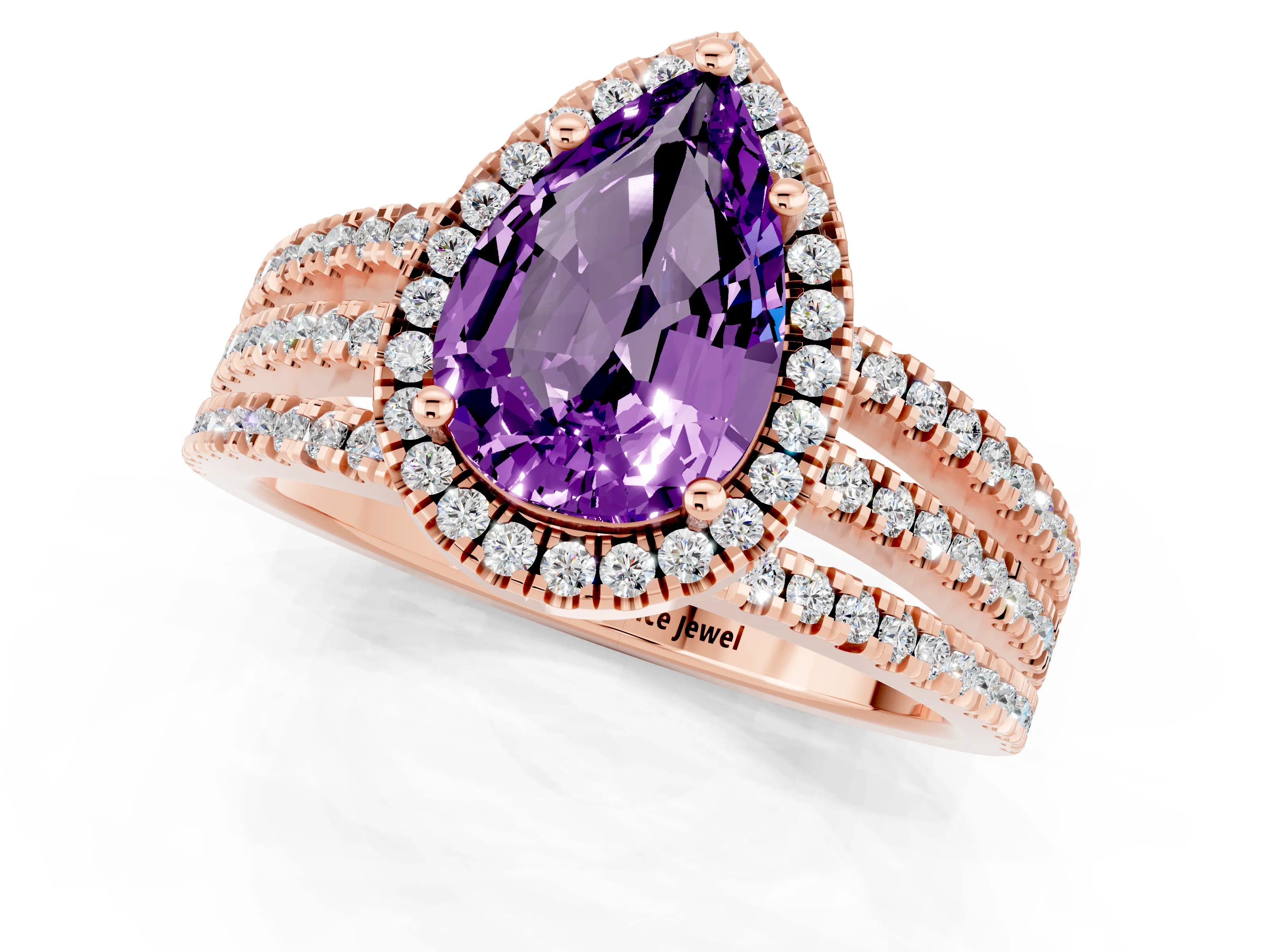 Rose gold {shape_name} Amethyst Halo Engagement Ring with Split Shank and Four-Prong Setting_1