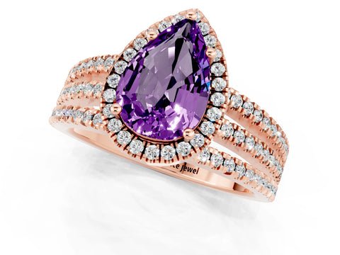 Rose gold {shape_name} Amethyst Halo Engagement Ring with Split Shank and Four-Prong Setting_1