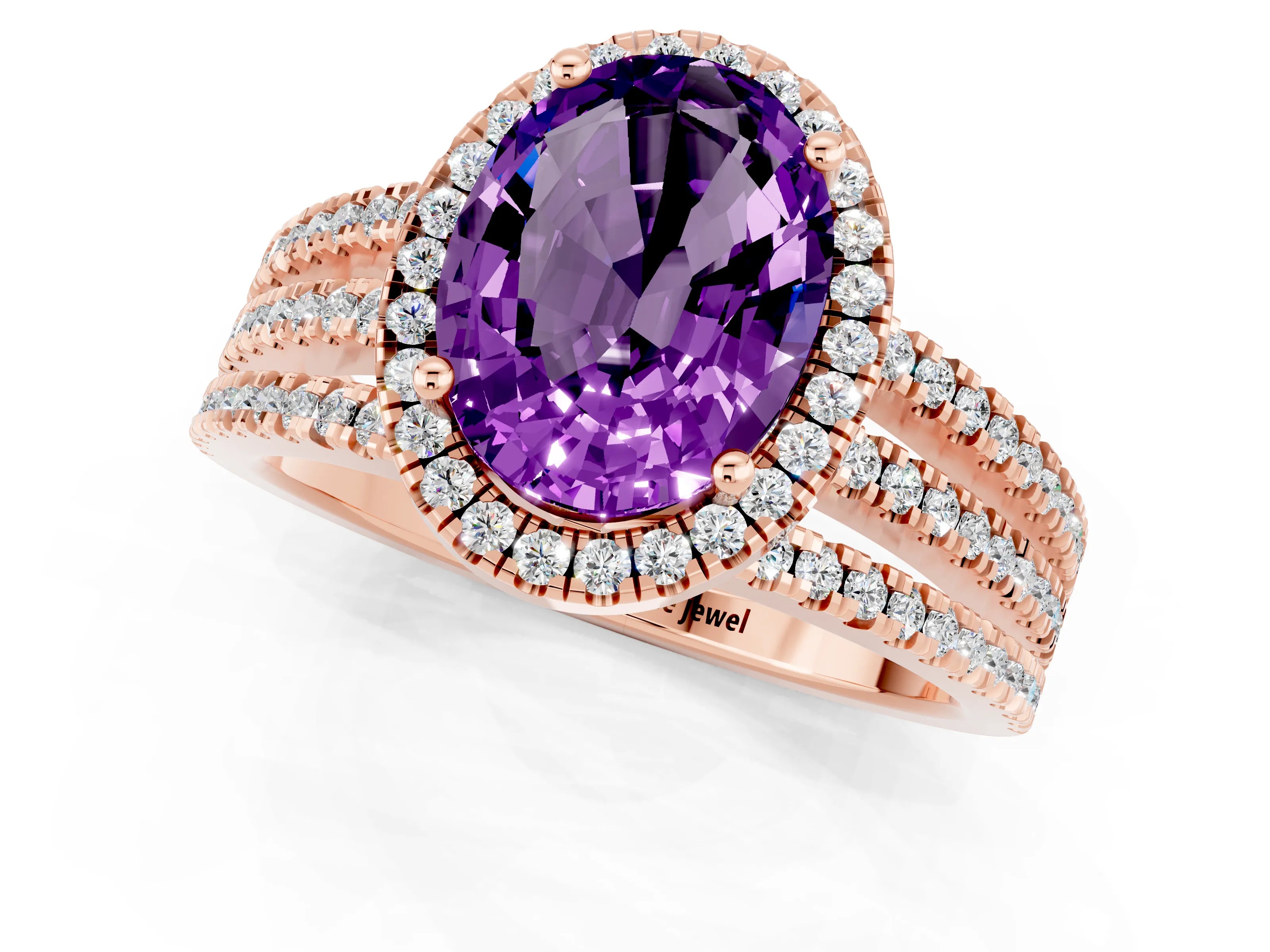 Rose gold {shape_name} Amethyst Halo Engagement Ring with Split Shank and Four-Prong Setting_1