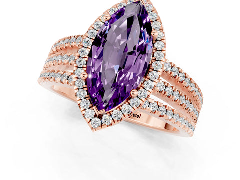 Rose gold {shape_name} Amethyst Halo Engagement Ring with Split Shank and Four-Prong Setting_1