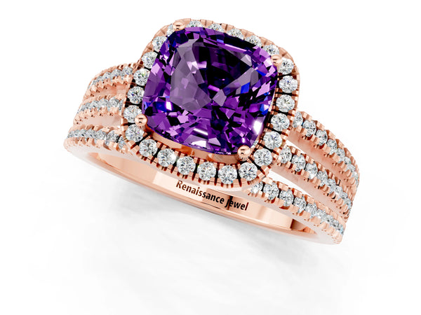 Rose gold Cushion Cut Amethyst Halo Engagement Ring with Split Shank and Four-Prong Setting
