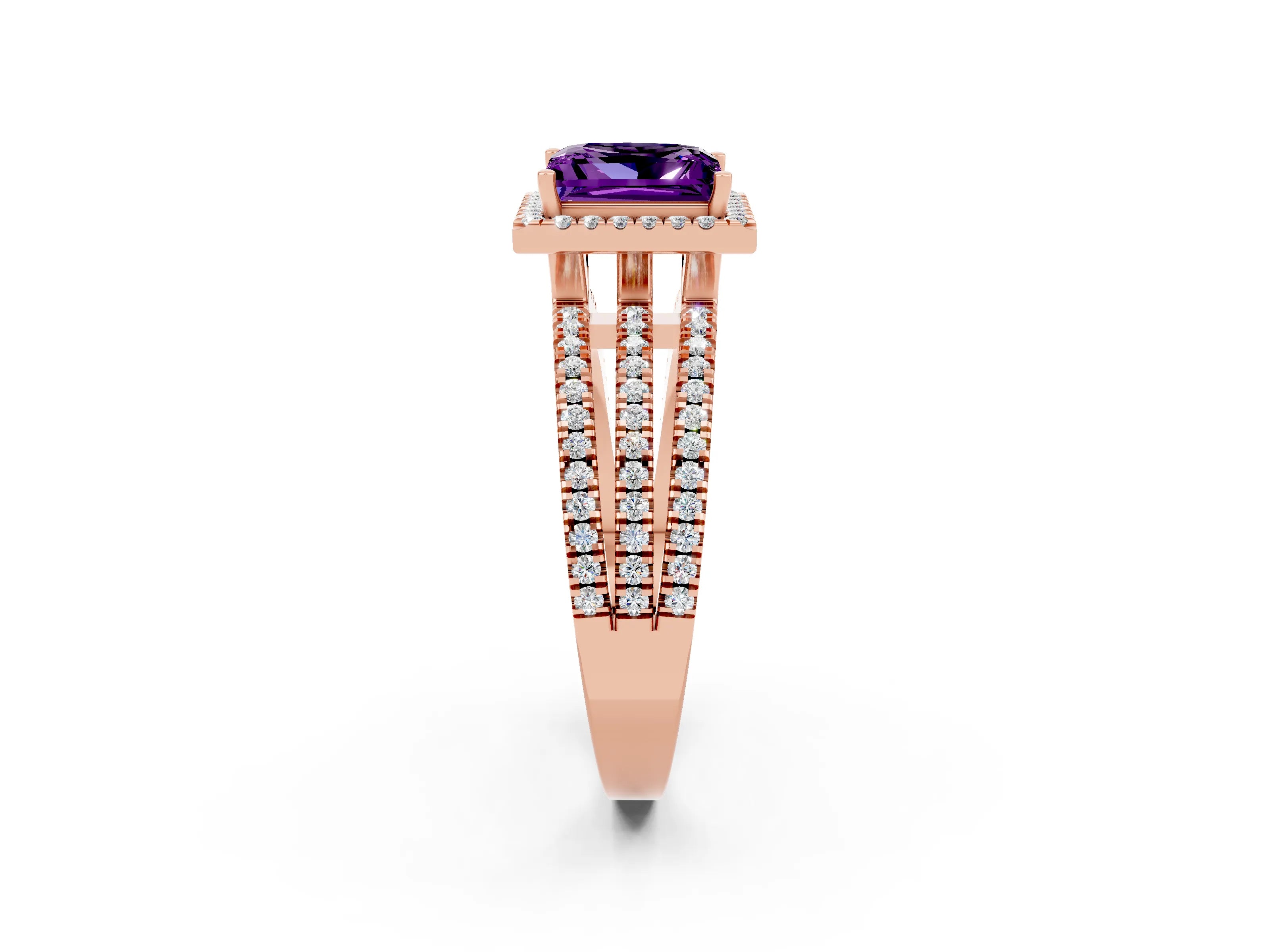 Rose gold {shape_name} Amethyst Halo Engagement Ring with Split Shank and Four-Prong Setting_2