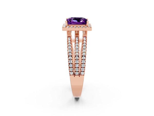 Rose gold Princess Cut Amethyst Halo Engagement Ring with Split Shank and Four-Prong Setting