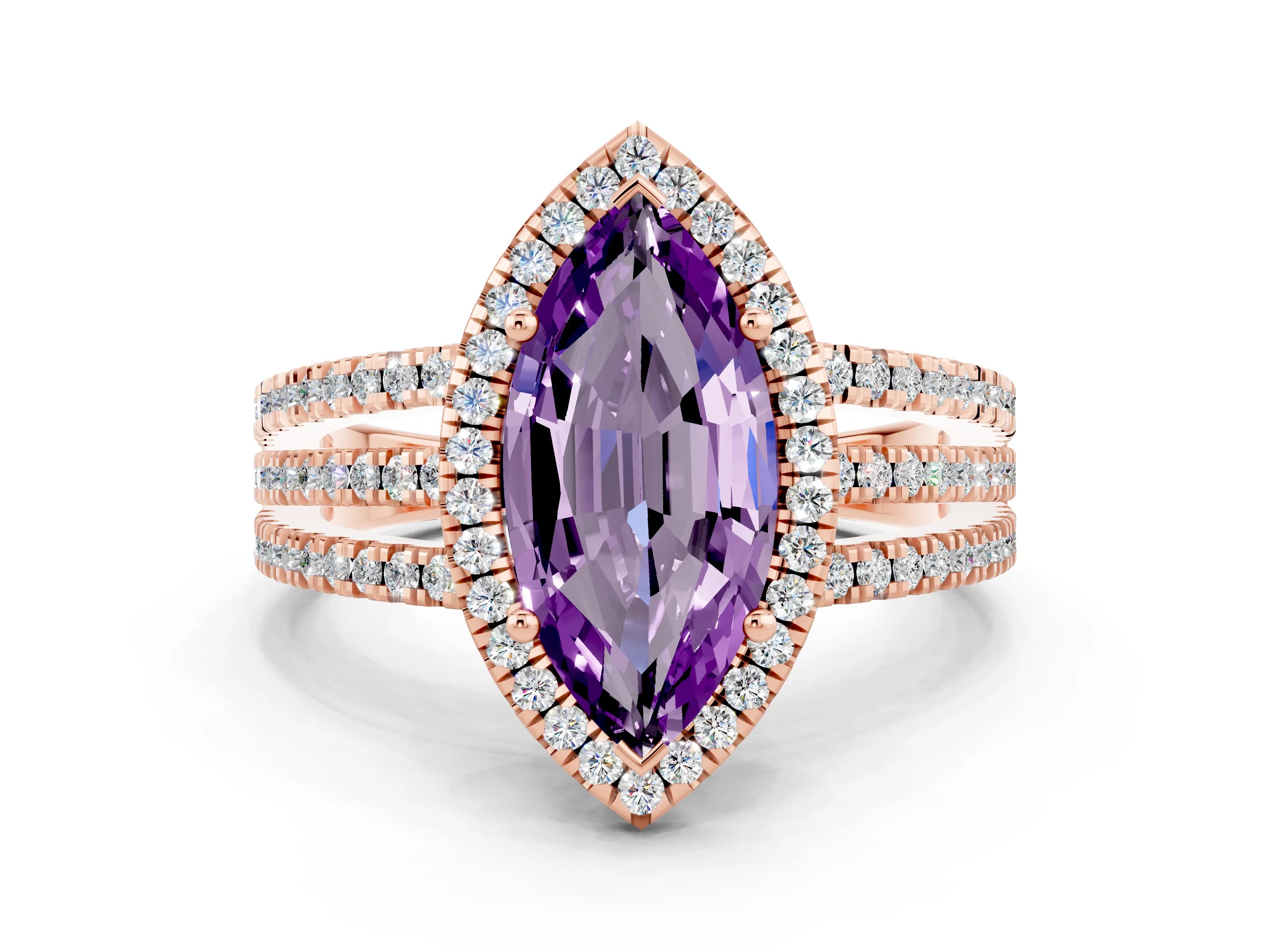 Rose gold {shape_name} Amethyst Halo Engagement Ring with Split Shank and Four-Prong Setting