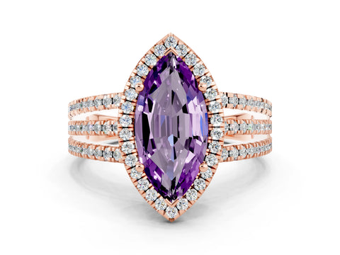 Rose gold {shape_name} Amethyst Halo Engagement Ring with Split Shank and Four-Prong Setting