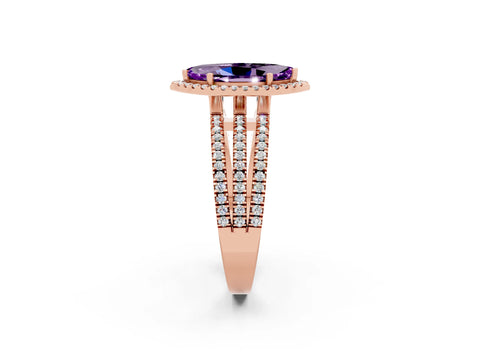 Rose gold {shape_name} Amethyst Halo Engagement Ring with Split Shank and Four-Prong Setting_2