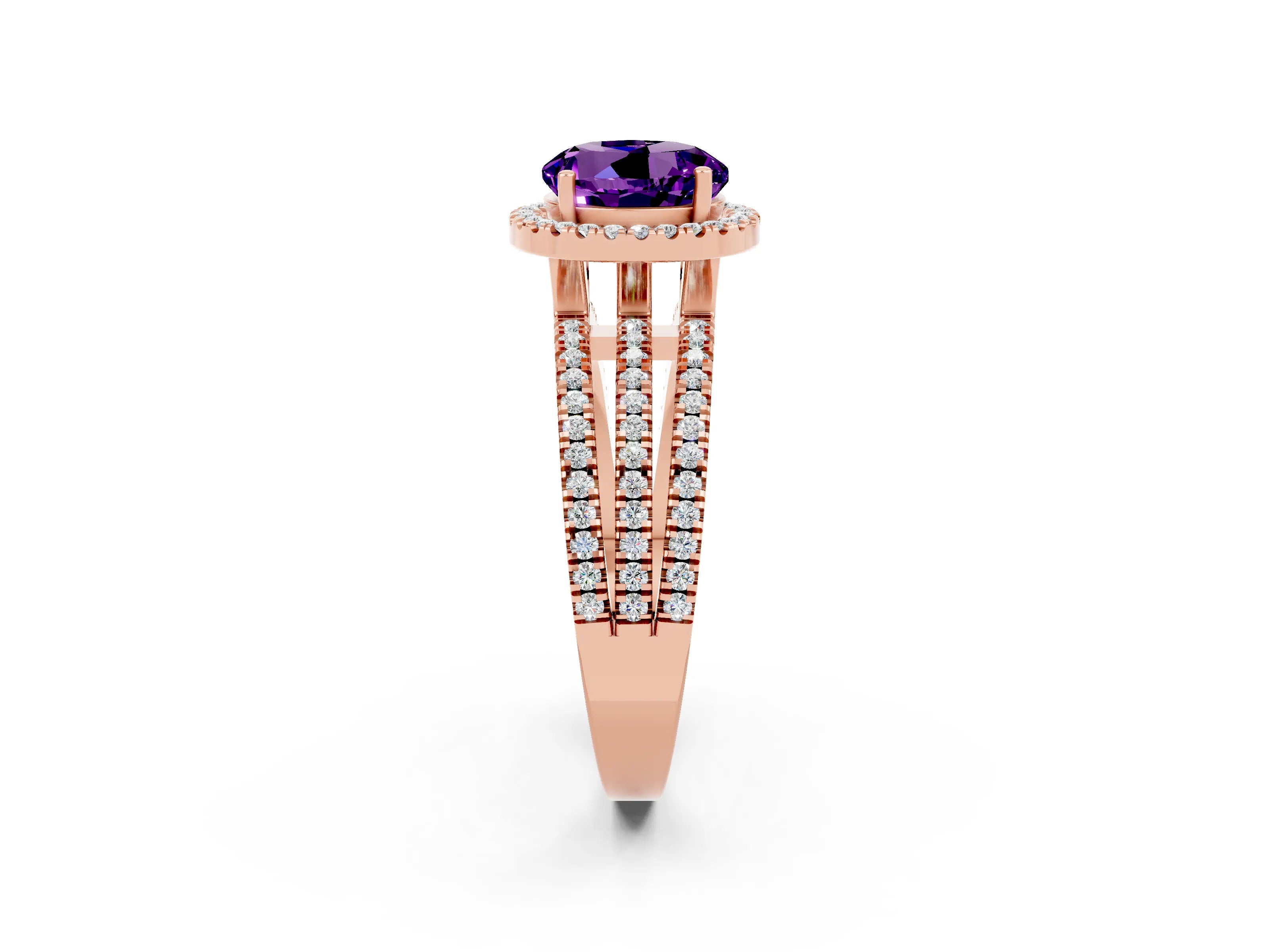 Rose gold {shape_name} Amethyst Halo Engagement Ring with Split Shank and Four-Prong Setting_2