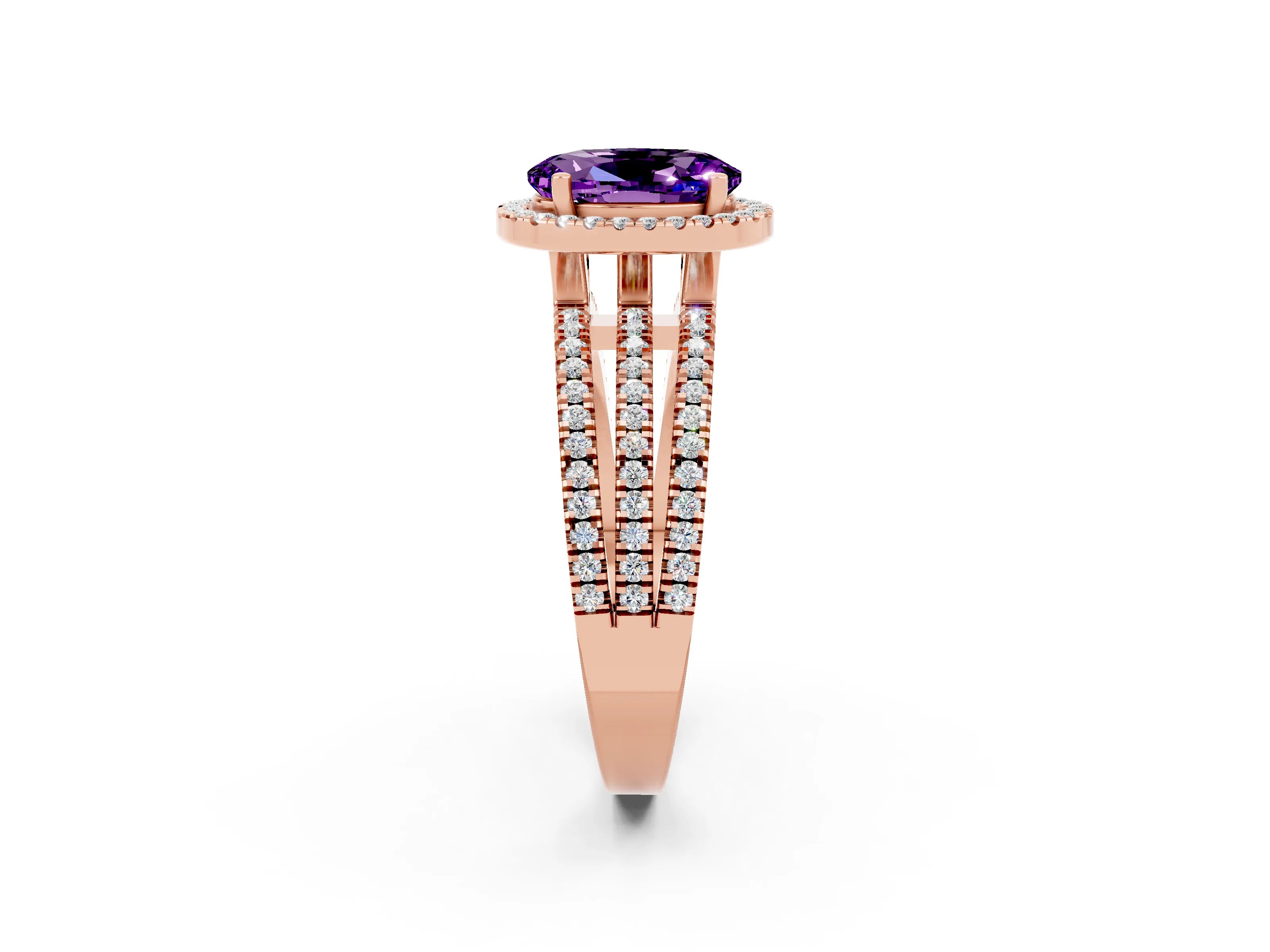 Rose gold {shape_name} Amethyst Halo Engagement Ring with Split Shank and Four-Prong Setting_2