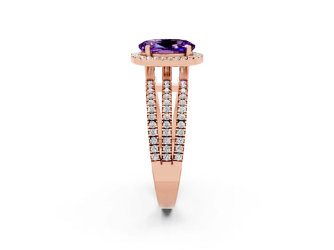 Rose gold {shape_name} Amethyst Halo Engagement Ring with Split Shank and Four-Prong Setting_2