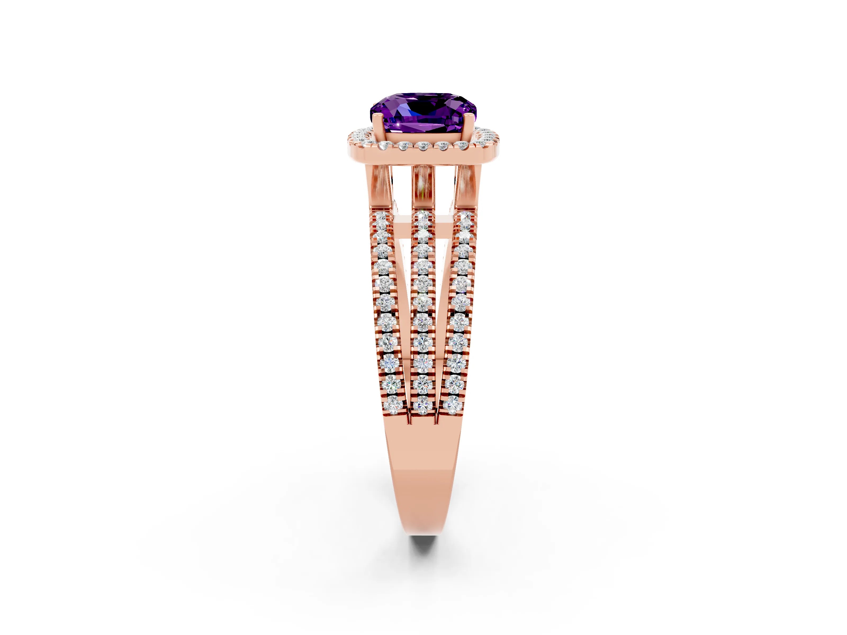 Rose gold {shape_name} Amethyst Halo Engagement Ring with Split Shank and Four-Prong Setting_2