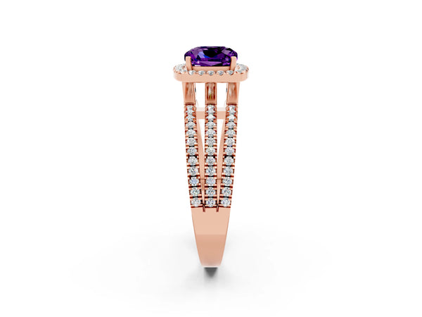 Rose gold Cushion Cut Amethyst Halo Engagement Ring with Split Shank and Four-Prong Setting