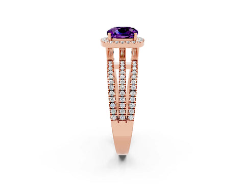 Rose gold {shape_name} Amethyst Halo Engagement Ring with Split Shank and Four-Prong Setting_2