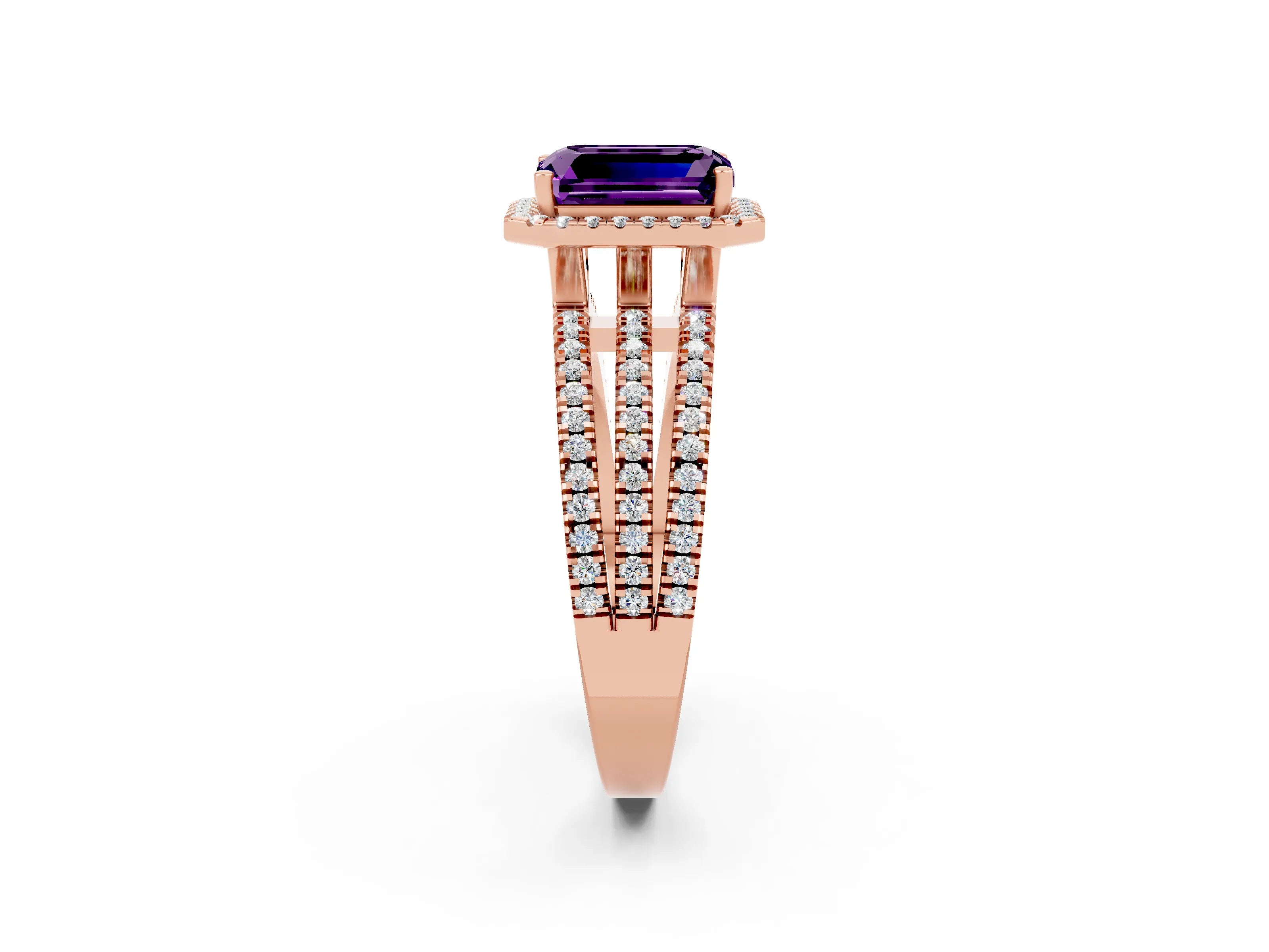 Rose gold {shape_name} Amethyst Halo Engagement Ring with Split Shank and Four-Prong Setting_2