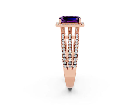 Rose gold {shape_name} Amethyst Halo Engagement Ring with Split Shank and Four-Prong Setting_2