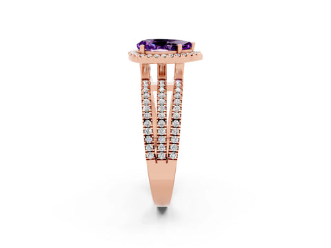 Rose gold {shape_name} Amethyst Halo Engagement Ring with Split Shank and Four-Prong Setting_2