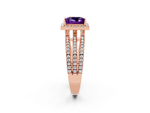 Rose gold {shape_name} Amethyst Halo Engagement Ring with Split Shank and Four-Prong Setting_2