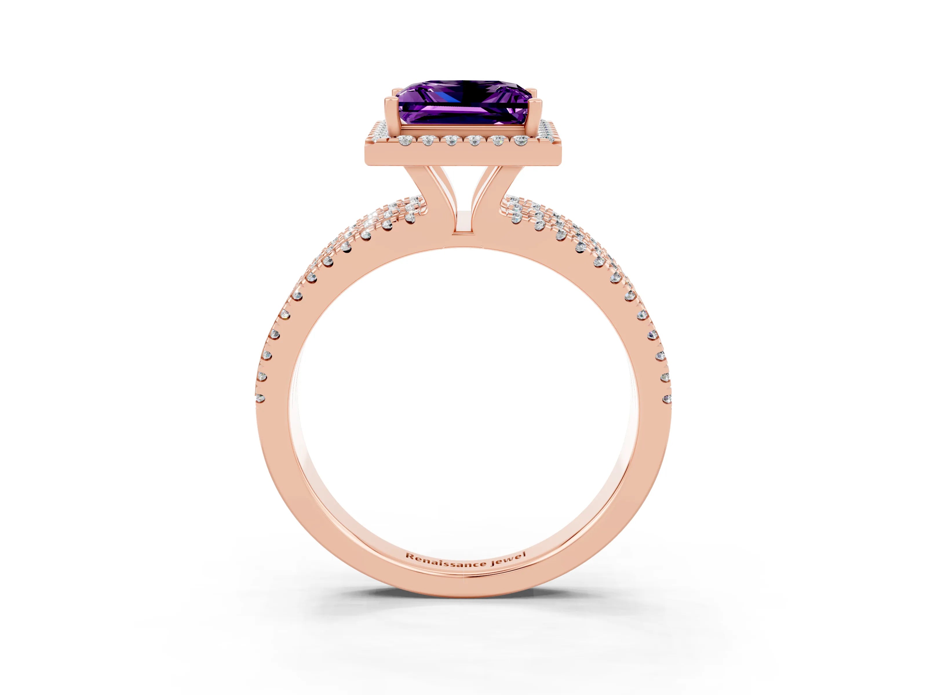Rose gold {shape_name} Amethyst Halo Engagement Ring with Split Shank and Four-Prong Setting_3