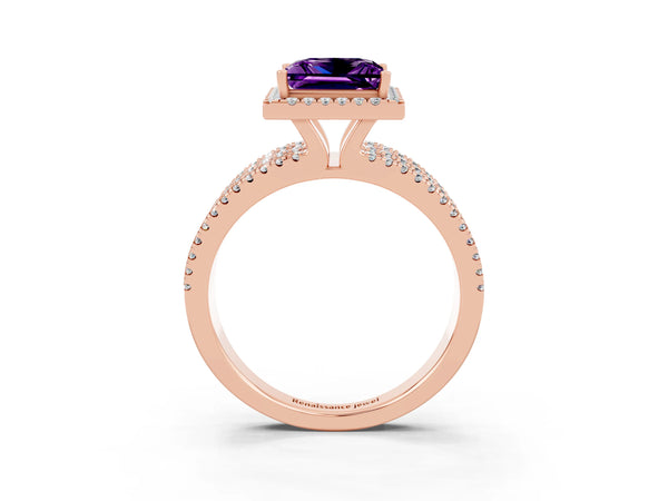 Rose gold Princess Cut Amethyst Halo Engagement Ring with Split Shank and Four-Prong Setting