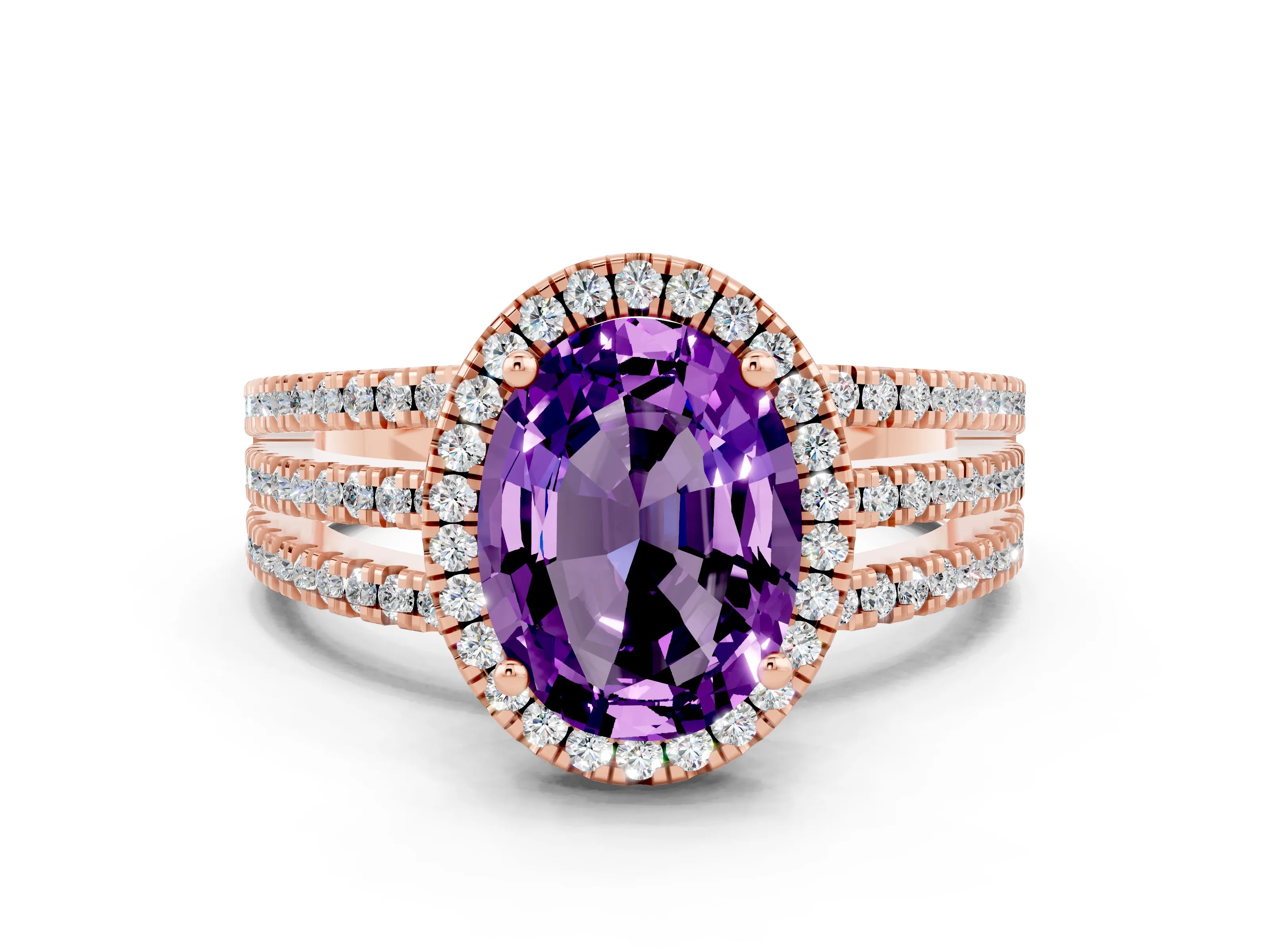 Rose gold {shape_name} Amethyst Halo Engagement Ring with Split Shank and Four-Prong Setting