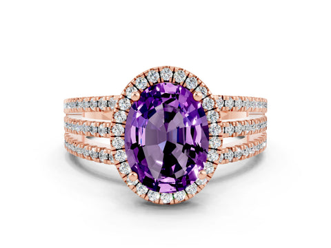 Rose gold {shape_name} Amethyst Halo Engagement Ring with Split Shank and Four-Prong Setting