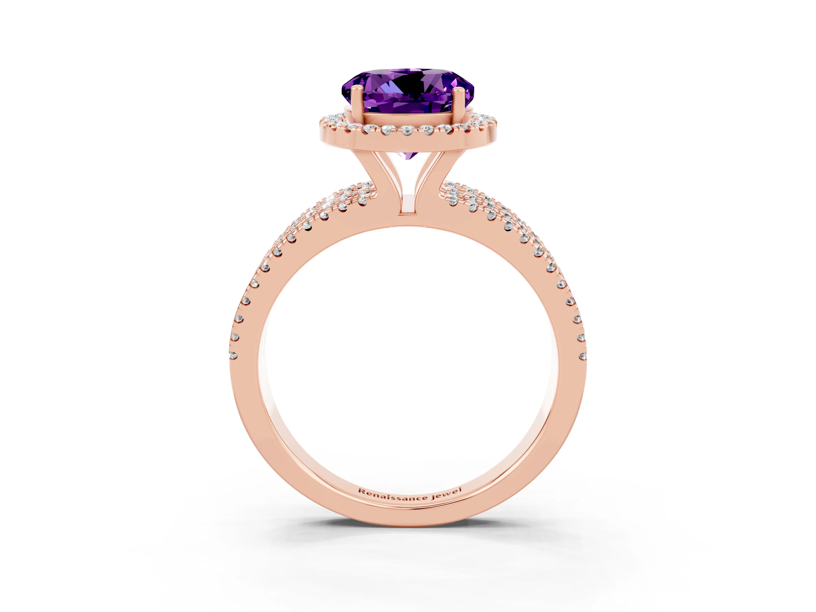 Rose gold {shape_name} Amethyst Halo Engagement Ring with Split Shank and Four-Prong Setting_3