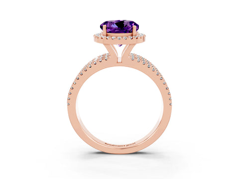 Rose gold {shape_name} Amethyst Halo Engagement Ring with Split Shank and Four-Prong Setting_3