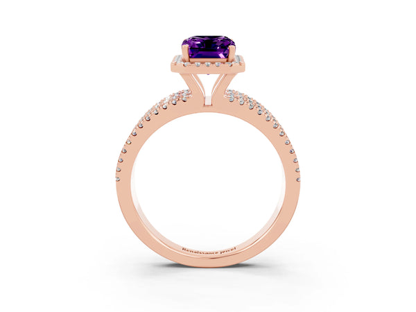 Rose gold Emerald Cut Amethyst Halo Engagement Ring with Split Shank and Four-Prong Setting