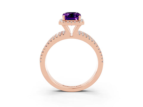 Rose gold {shape_name} Amethyst Halo Engagement Ring with Split Shank and Four-Prong Setting_3