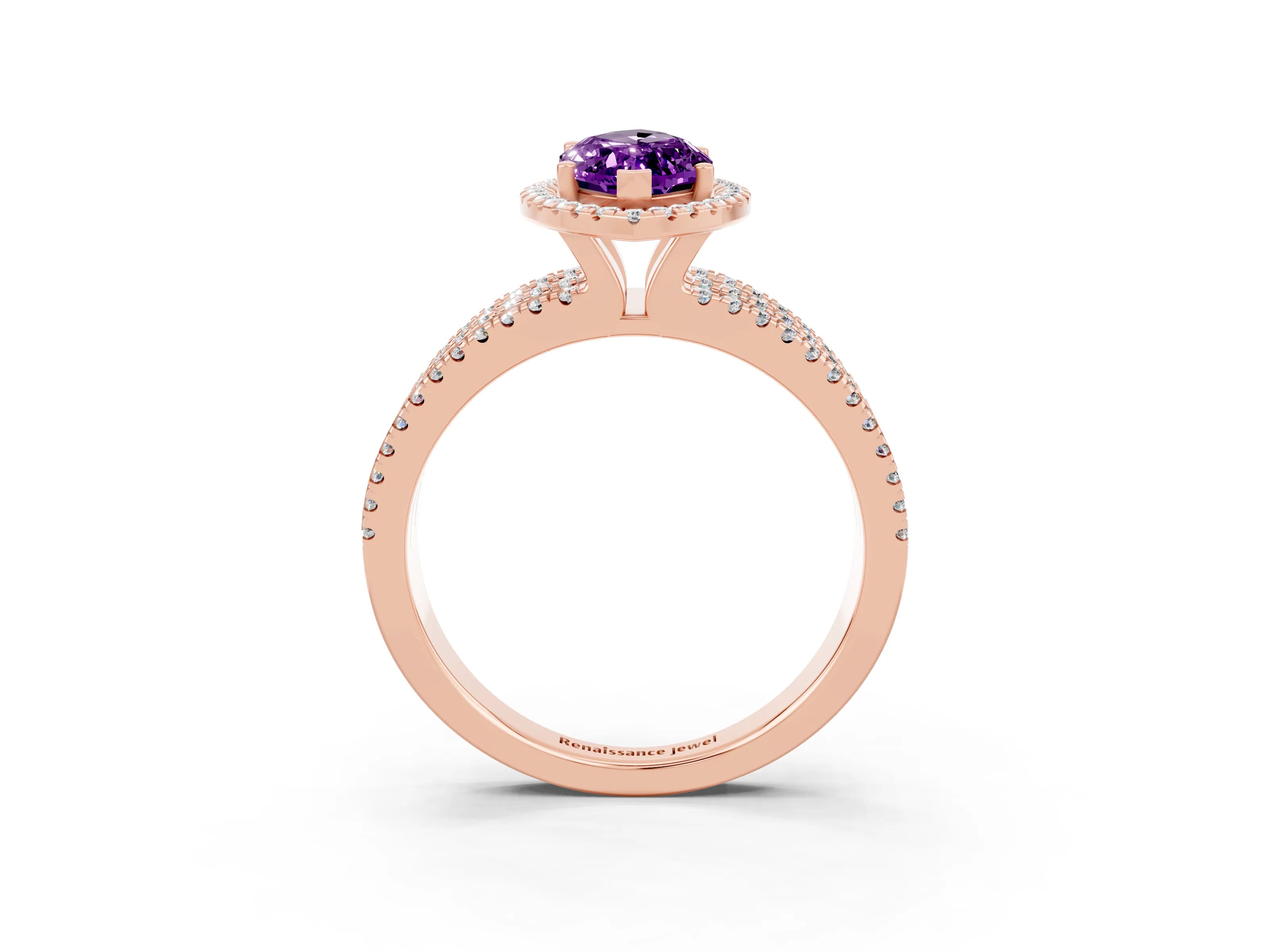 Rose gold {shape_name} Amethyst Halo Engagement Ring with Split Shank and Four-Prong Setting_3