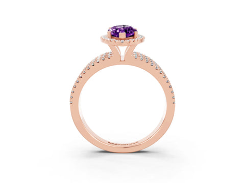 Rose gold {shape_name} Amethyst Halo Engagement Ring with Split Shank and Four-Prong Setting_3