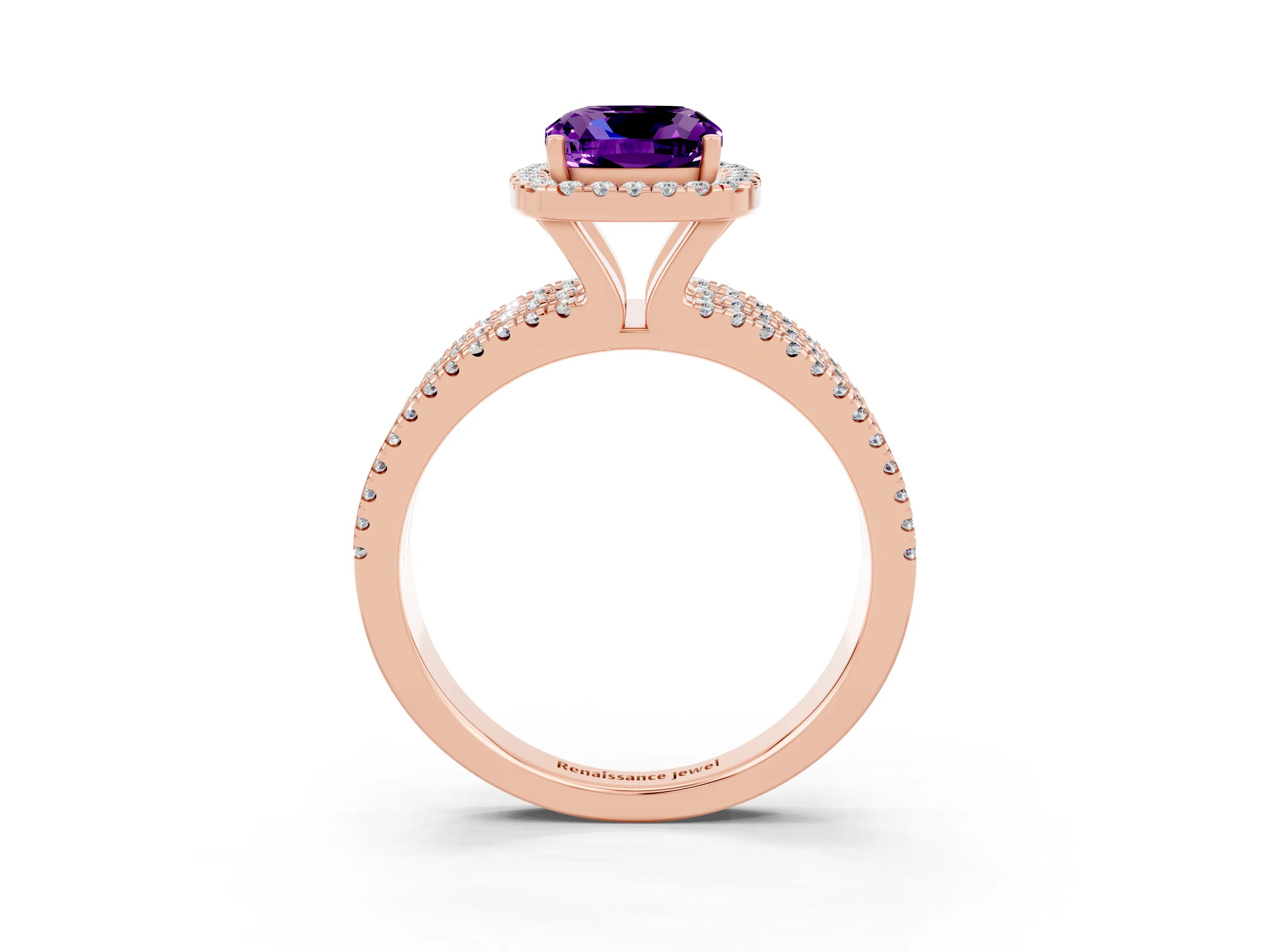 Rose gold {shape_name} Amethyst Halo Engagement Ring with Split Shank and Four-Prong Setting_3