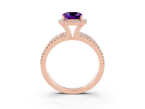 Rose gold Cushion Cut Amethyst Halo Engagement Ring with Split Shank and Four-Prong Setting