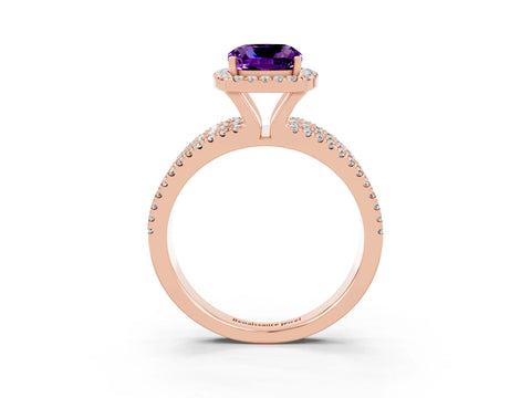Rose gold {shape_name} Amethyst Halo Engagement Ring with Split Shank and Four-Prong Setting_3