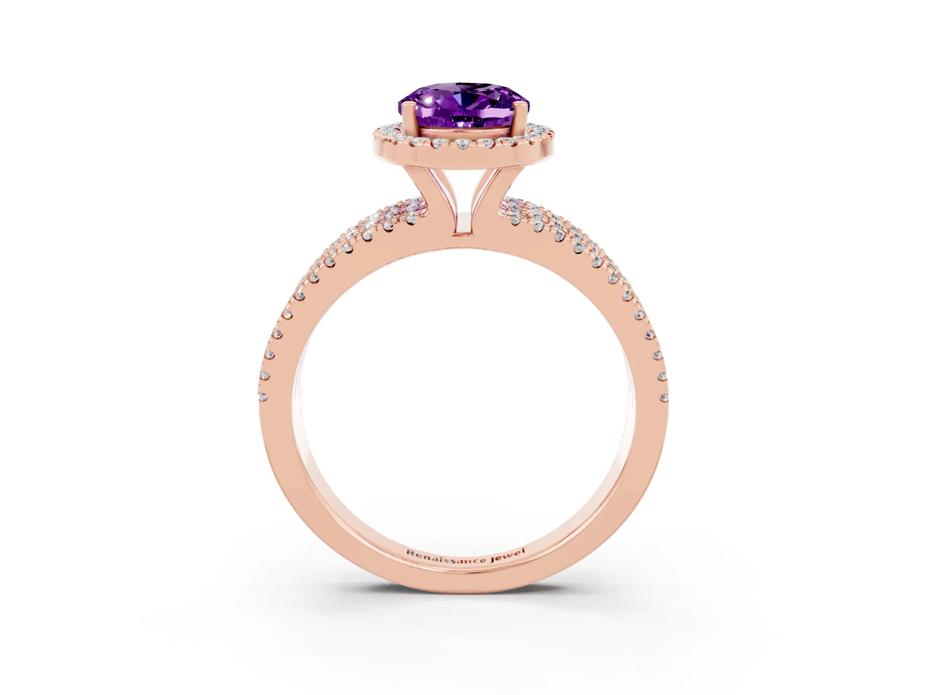Rose gold {shape_name} Amethyst Halo Engagement Ring with Split Shank and Four-Prong Setting_3