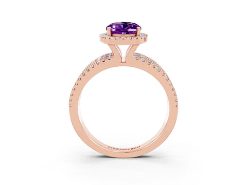 Rose gold {shape_name} Amethyst Halo Engagement Ring with Split Shank and Four-Prong Setting_3